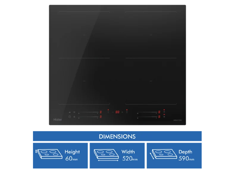 Haier 600 Series 60cm Induction Cooktop, 4 Zone, Dual Flexi Zone, Melt, Black Glass