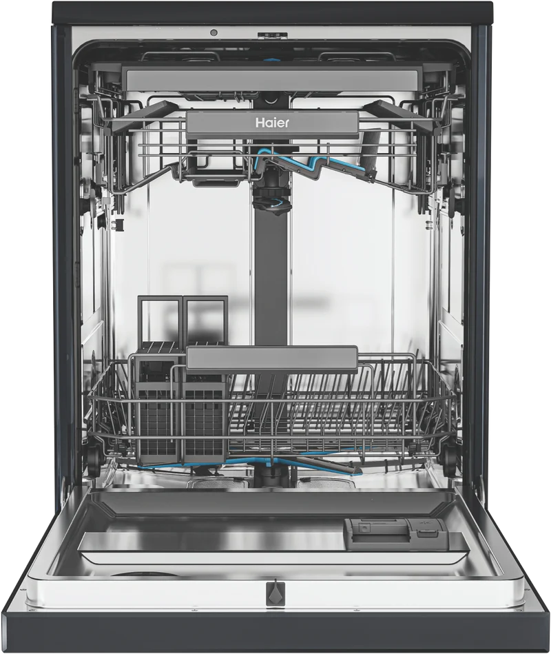 Haier 600 Series Freestanding Dishwasher, Steam, Dual Power Spray Arm, Black