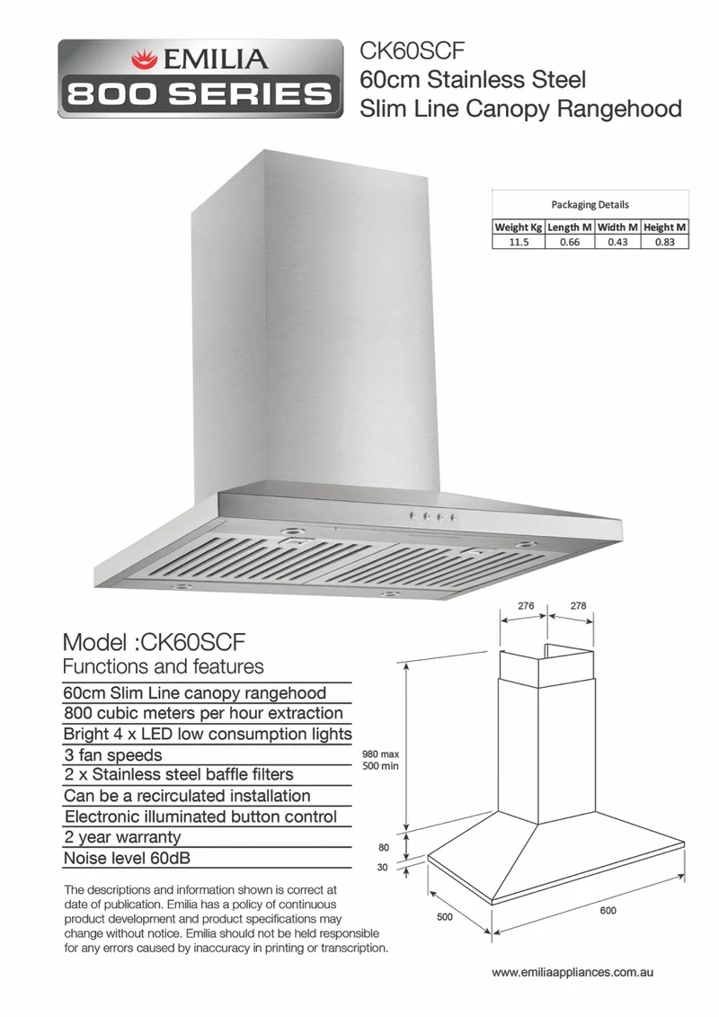 Emilia 800 Series 60cm On Board Canopy Rangehood, Stainless Steel