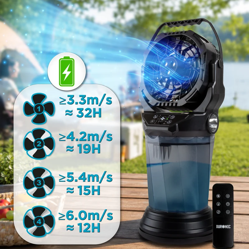 Duronic FM6 BK Ventilateur de brume rechargeable Réservoir d’eau 2 litres 4 vitesses Télécommande incluse Lumières LED Lampe torche d’urgence Ventilateur portable extérieur camping pique-nique
