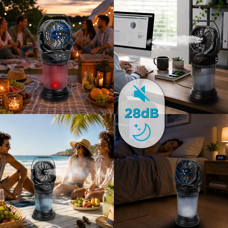 Duronic FM6 BK Ventilateur de brume rechargeable Réservoir d’eau 2 litres 4 vitesses Télécommande incluse Lumières LED Lampe torche d’urgence Ventilateur portable extérieur camping pique-nique