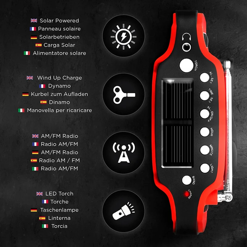 Duronic Apex Radio / Alarme / Lampe Torche / Chargeur USB dynamo et solaire – à affichage numérique Ne nécessite aucune pile