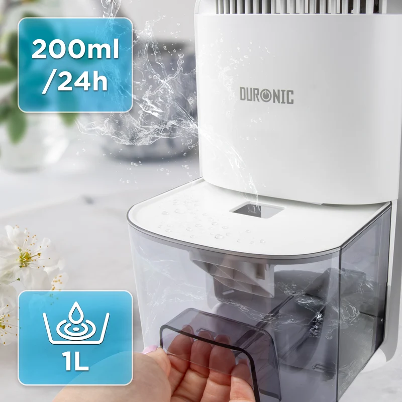 Duronic DH07 WE Déshumidificateur 22,5W Jusqu'à 200 ml d'eau par jour Réservoir d'1 litre Compact et silencieux Idéal pour petits espaces