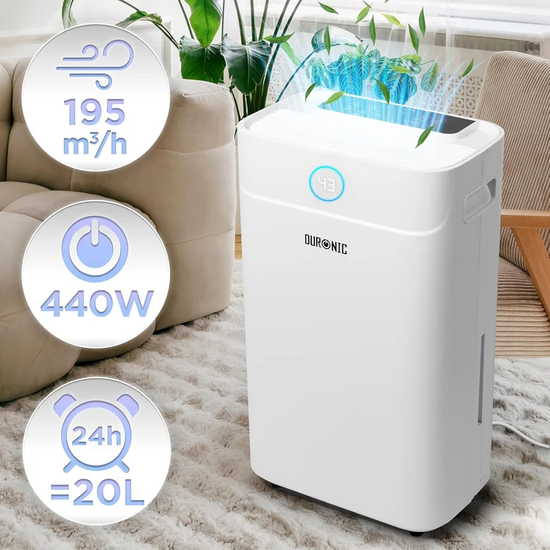 Duronic DH201 Déshumidificateur 440W Jusqu'à 20 litres d'eau par jour Réservoir d'eau de 5,1 litres Lutte contre l’humidité excessive et empêche la formation de moisissures Minuteur de 1 à 24 heures