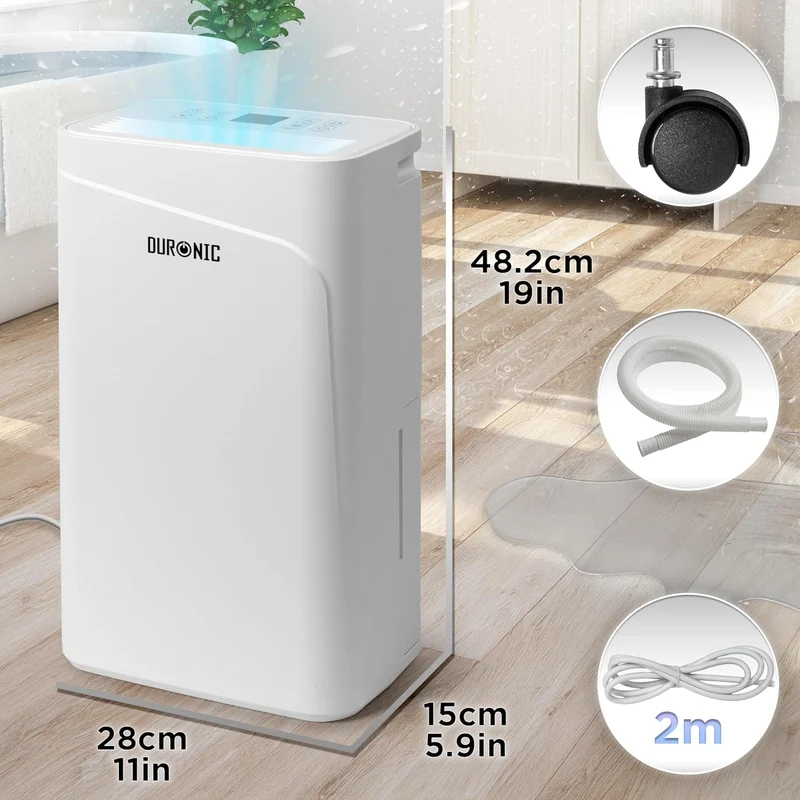 Duronic DH121 Déshumidificateur 300W Jusqu'à 12 litres d'eau par jour Réservoir d'eau de 2,1 litres Lutte contre l’humidité excessive et empêche la formation de moisissures Minuteur de 1 à 24 heures