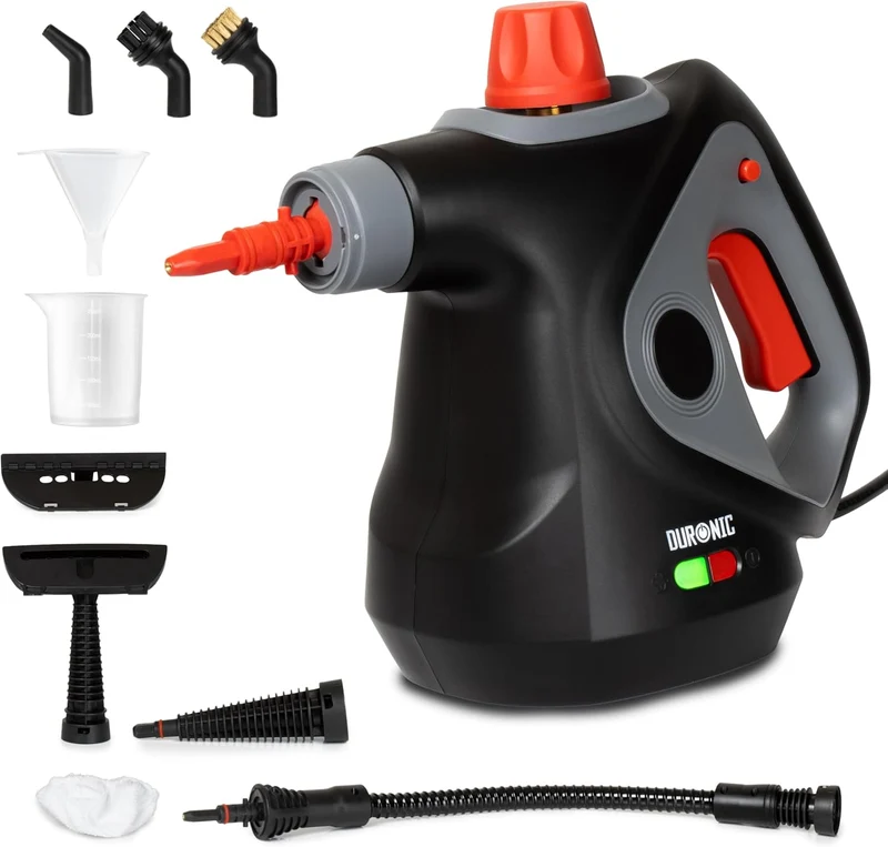 Duronic SC32 BK Nettoyeur vapeur à main 1050W Nettoyeur portable multifonction avec réservoir de 350 ml Nettoyage à la vapeur pour tissus Canapé Joints Douche Four Evier Vitres Fenêtres Miroirs