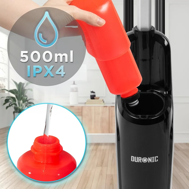 Duronic STM15 BK Balai nettoyeur vapeur de 1500W Réservoir de 500 ml Température maximale de 100°C Nettoyage sol dur carrelage tapis Nettoie sans produits chimiques