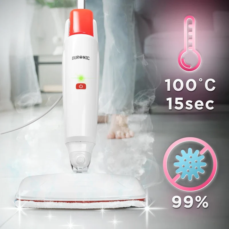 Duronic STM15 WE Balai nettoyeur vapeur de 1500W Réservoir de 500 ml Température maximale de 100°C Nettoyage sol dur carrelage tapis Nettoie sans produits chimiques