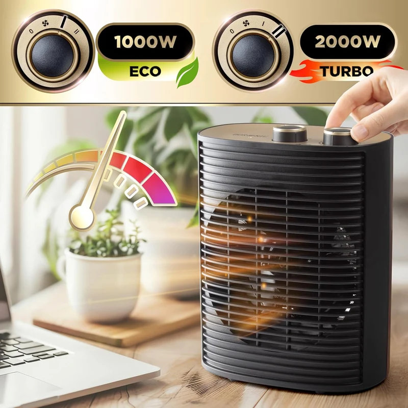 Duronic HV32 BK Radiateur soufflant électrique 2000W Thermostate réglable avec Mode éco Mode turbo Sécurité antibasculement avec arrêt automatique Idéal maison bureau garage