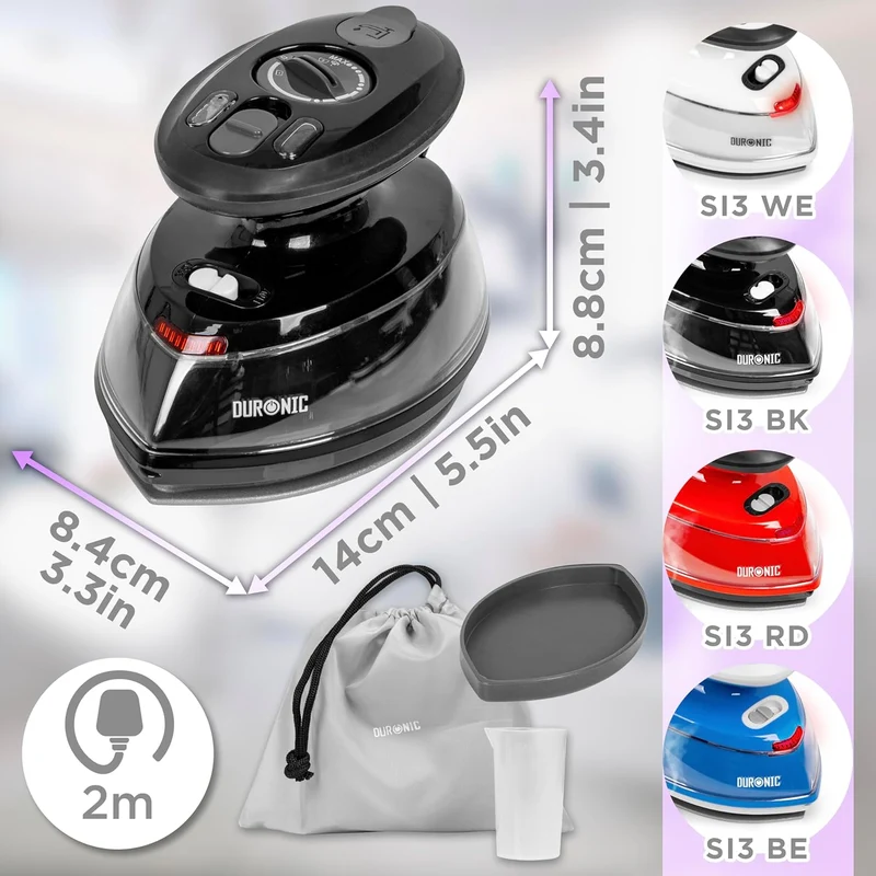 Duronic SI3 BK Fer à repasser à vapeur de voyage 400W Léger et compact 495g Idéal pour les déplacements Convient pour crafts et patchworks Accessoires inclus