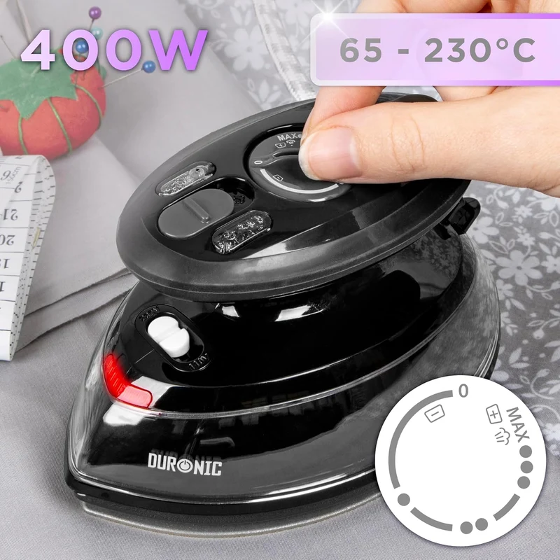 Duronic SI3 BK Fer à repasser à vapeur de voyage 400W Léger et compact 495g Idéal pour les déplacements Convient pour crafts et patchworks Accessoires inclus