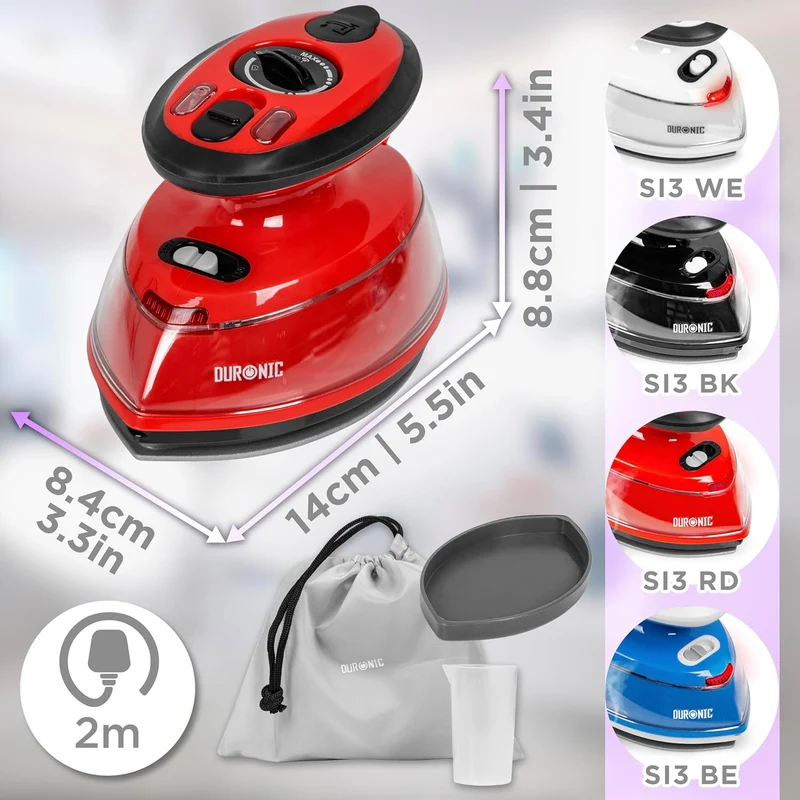 Duronic SI3 RD Fer à repasser à vapeur de voyage 400W Léger et compact 495g Idéal pour les déplacements Convient pour crafts et patchworks Accessoires inclus