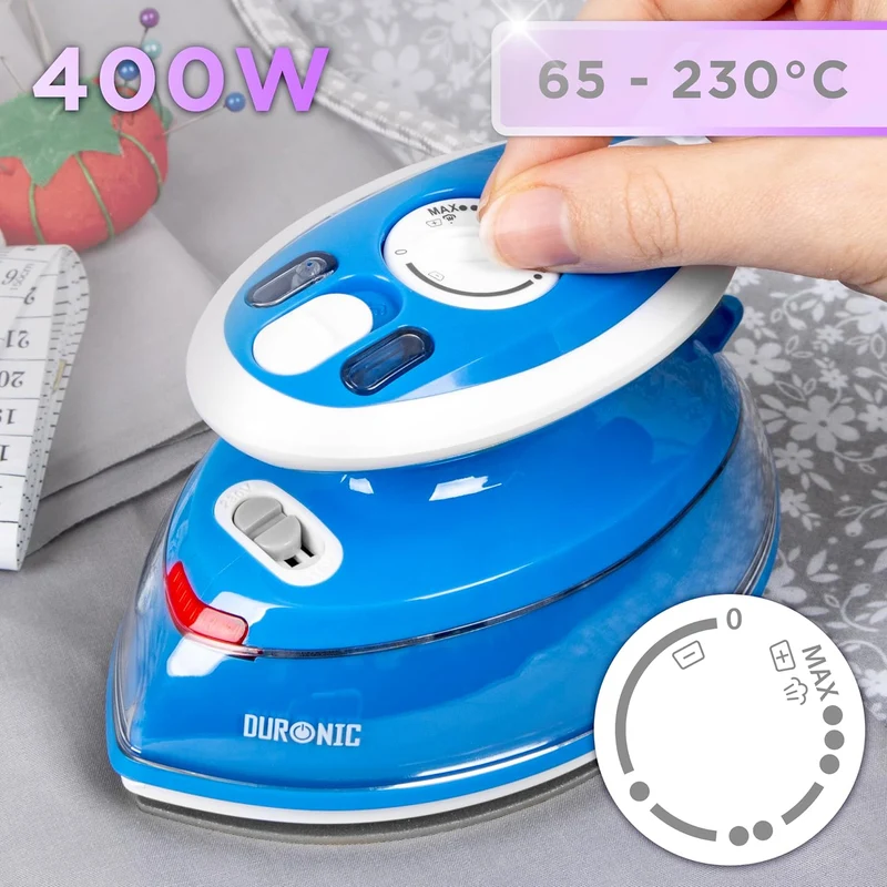 Duronic SI3 BE Fer à repasser à vapeur de voyage 400W Léger et compact 495g Idéal pour les déplacements Convient pour crafts et patchworks Accessoires inclus