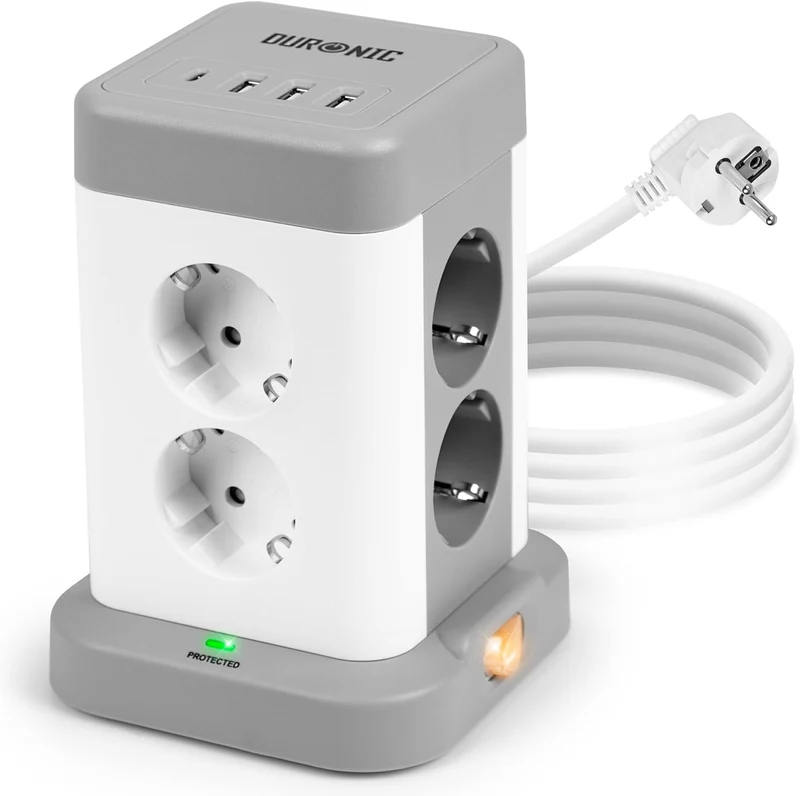 Duronic ET8C Tour Multiprise avec 3 ports USB-A et 1 port USB-C | 8 Prises 3680W 13A | Multiprise avec parasurtenseur protection contre les surtensions | Câble de 1,8 m
