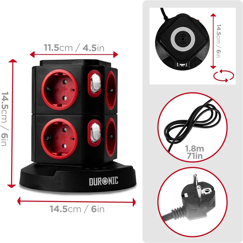 Duronic ET8W Tour Multiprise avec 3 ports USB et Recharge sans fil | 8 Prises 3680W 13A | Multiprise avec parasurtenseur protection contre les surtensions | Câble de 1,8 m