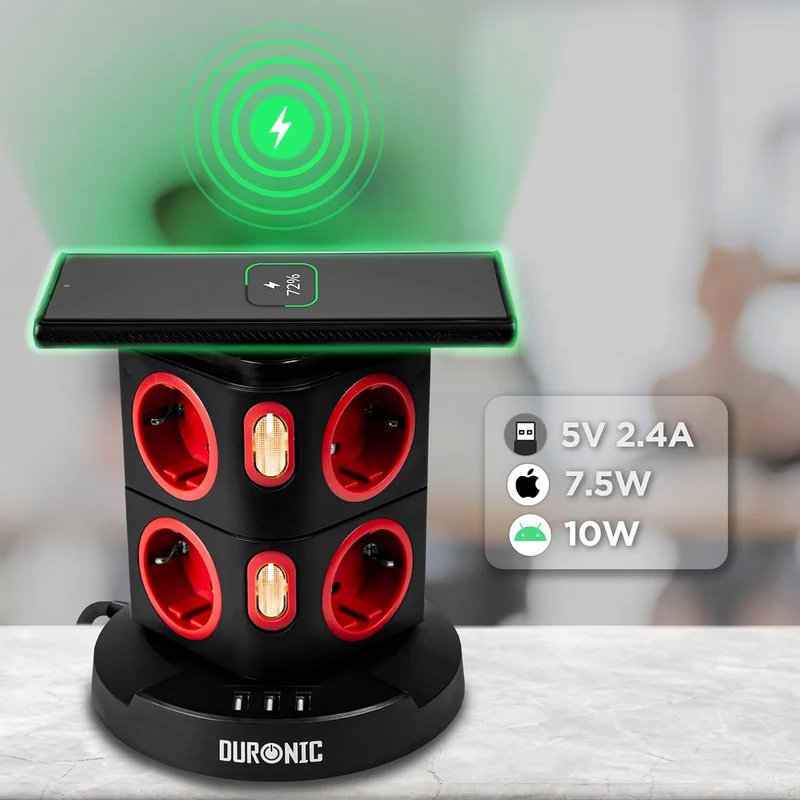 Duronic ET8W Tour Multiprise avec 3 ports USB et Recharge sans fil | 8 Prises 3680W 13A | Multiprise avec parasurtenseur protection contre les surtensions | Câble de 1,8 m