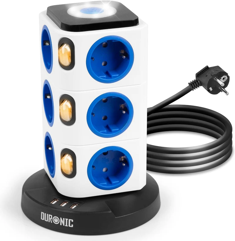 Duronic ET12L Tour Multiprise avec 3 ports USB-A | Veilleuse tactile | 12 Prises 3680W 13A | Multiprise avec parasurtenseur protection contre les surtensions | Câble de 1,8 m