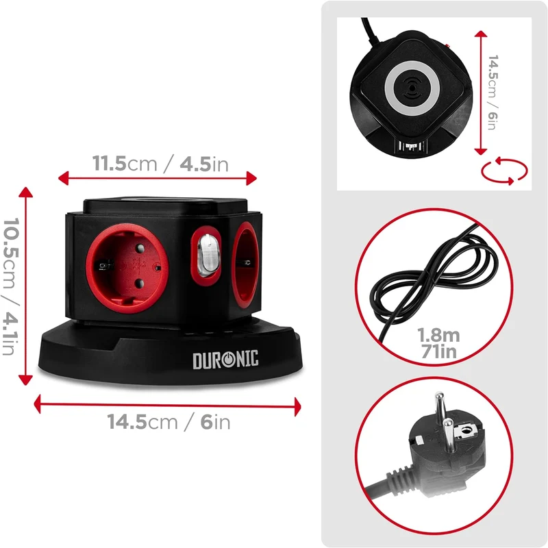 Duronic ET4W Tour Multiprise avec 3 ports USB et Recharge sans fil | 4 Prises 3680W 13A | Multiprise avec parasurtenseur protection contre les surtensions | Câble de 1,8 m
