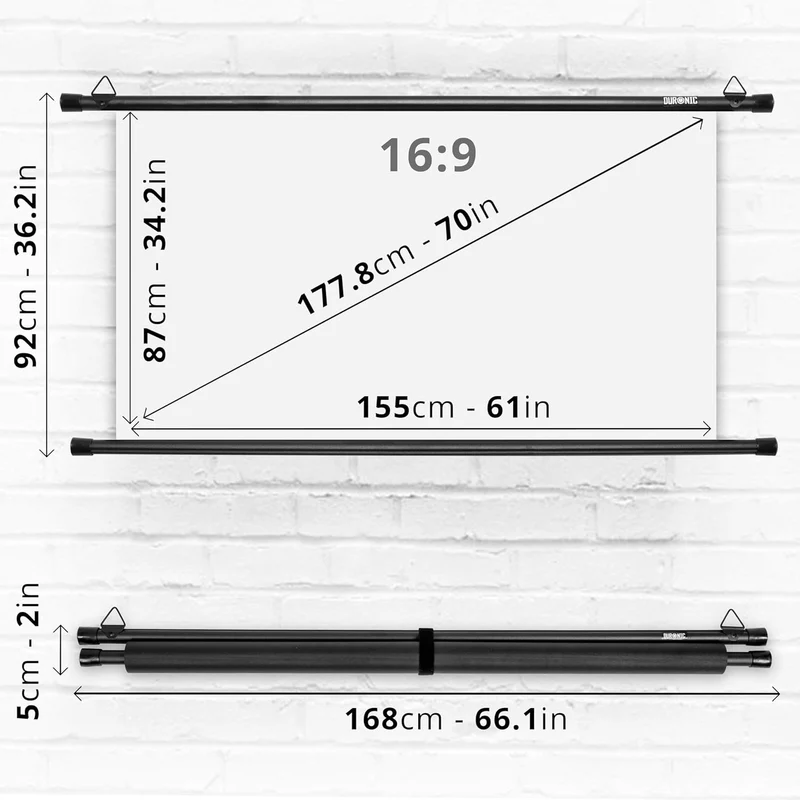 Duronic BPS70 16/9 Ecran de Projection TV et Home Cinema de 70 Pouces 178 cm | 155 x 87 cm | Fixation par Crochets | Barres lestées | Toile pour vidéoprojecteur | Gain +1 idéal pour 3D 8K 4K 1080P