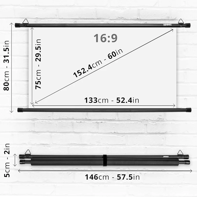 Duronic BPS60 16/9 Ecran de Projection TV et Home Cinema de 60 Pouces 152 cm | 133 x 75 cm | Fixation par Crochets | Barres lestées | Toile pour vidéoprojecteur | Gain +1 idéal pour 3D 8K 4K 1080P