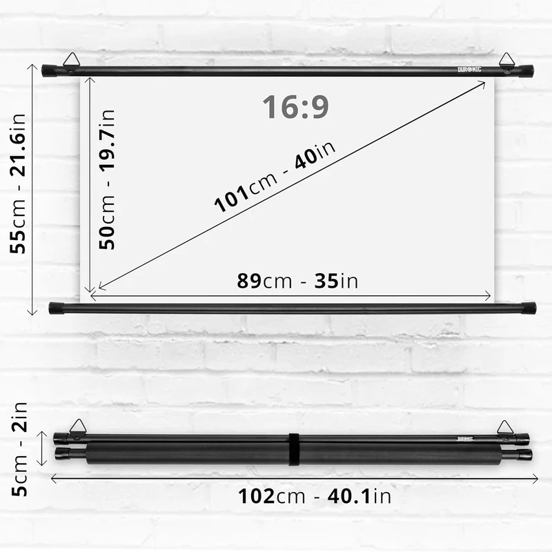 Duronic BPS40 16/9 Ecran de Projection TV et Home Cinema de 40 Pouces 102 cm | 89 x 50 cm | Fixation par Crochets | Barres lestées | Toile pour vidéoprojecteur | Gain +1 idéal pour 3D 8K 4K 1080P