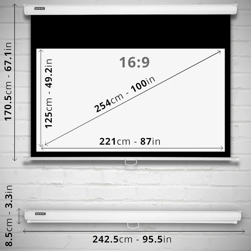 Duronic MPS100 16/9 WE Ecran de Projection TV et Home Cinema de 100 Pouces 254 cm ou 221 x 125 cm Fixation Mur ou Plafond Déroulement Manuel Gain +1 idéal pour 3D 8K 4K 1080P