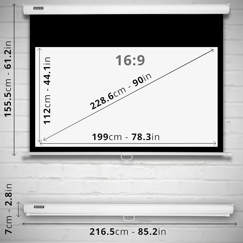 Duronic MPS90 16/9 WE Ecran de Projection TV et Home Cinema de 90 Pouces 230 cm ou 199 x 112 cm Fixation Mur ou Plafond Déroulement Manuel Gain +1 idéal pour 3D 8K 4K 1080P