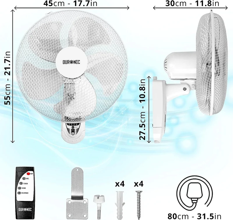 Duronic FN55 WE Ventilateur mural 60W 5 Pâles de 40 cm Tête oscillante avec minuteur 3 Vitesses Télécommande Moteur puissant et silencieux Support mural coulissant démontable à la volée