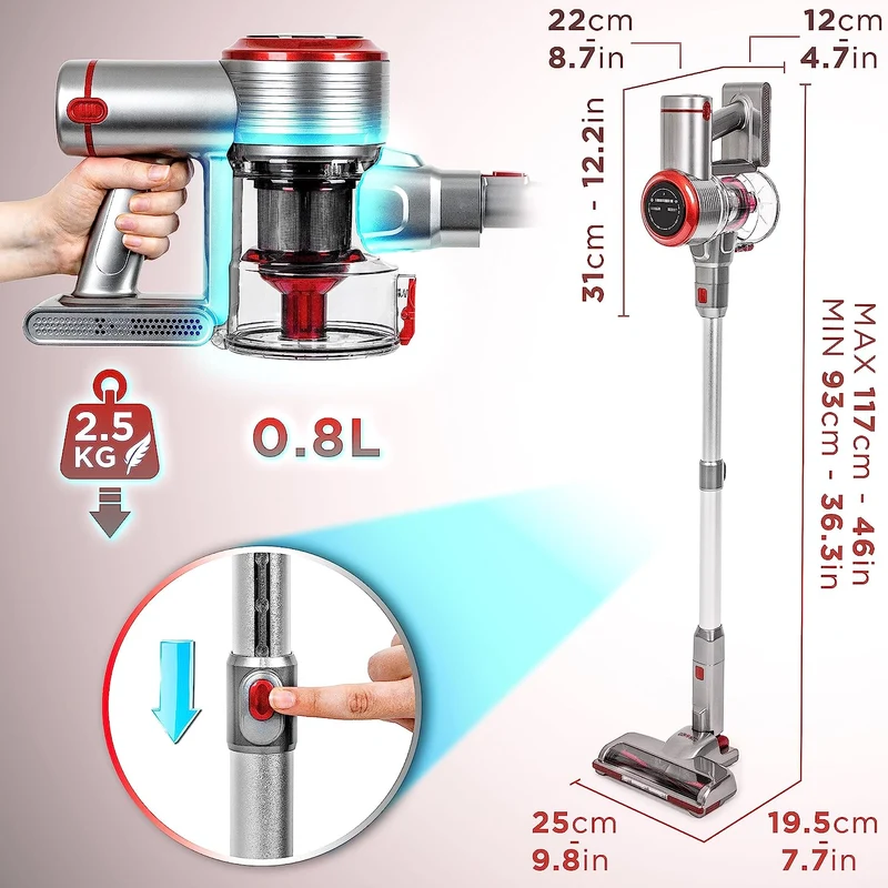 Duronic VC24 Aspirateur Balai sans Fil de 220W avec 1 Batterie au Lithium Rechargeable | Aspirateur léger autoportant pour Moquette et sols durs | Puissance d'aspiration réglable | Filtre HEPA
