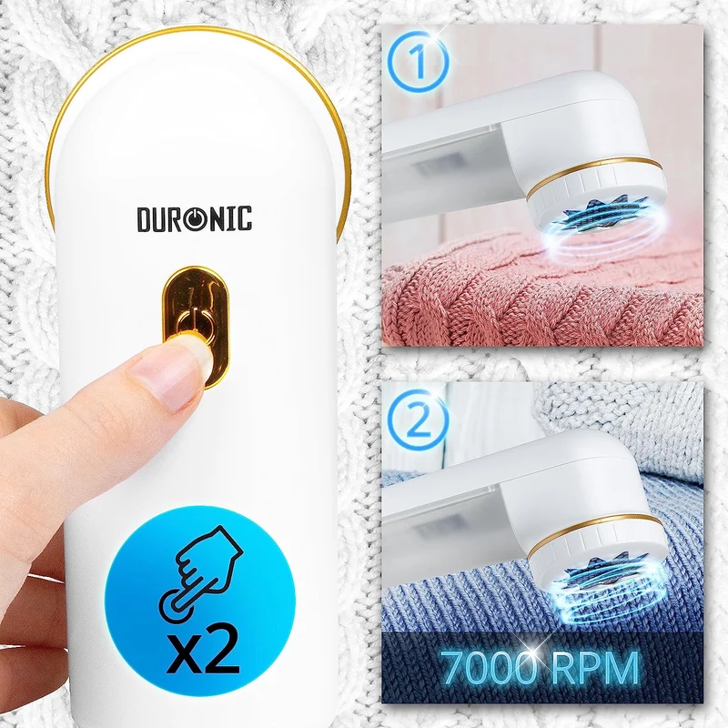 Duronic FS22 WE Rasoir Anti-Peluches Anti-bouloches électrique Filaire ou sur Batterie 2 hauteurs Pochette de Rangement Permet de Remettre à Neuf Vêtements Textiles Tissus Blanc