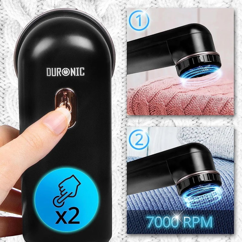 Duronic FS22 BK Rasoir Anti-Peluches Anti-bouloches électrique Filaire ou sur Batterie 2 hauteurs Pochette de Rangement Permet de Remettre à Neuf Vêtements Textiles Tissus Noir