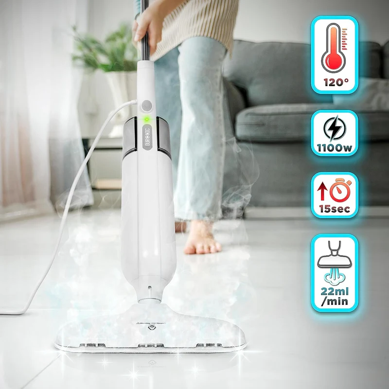 Duronic STM11 Balai Nettoyeur Vapeur de 1100W | Capacité de Réservoir de 350 ml | Température Maximale de 120°C | Nettoyage des Sols Durs Carrelage Sol en Vinyle à la Vapeur d'Eau