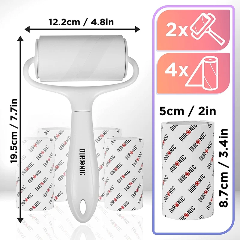 Duronic ROLL2X4 Set de 2 Rouleaux ramasse poils avec 4 Recharges de Bandes adhésives | Anti peluches | Pour les Vêtements Poils d'Animaux Tissus d'Ameublement