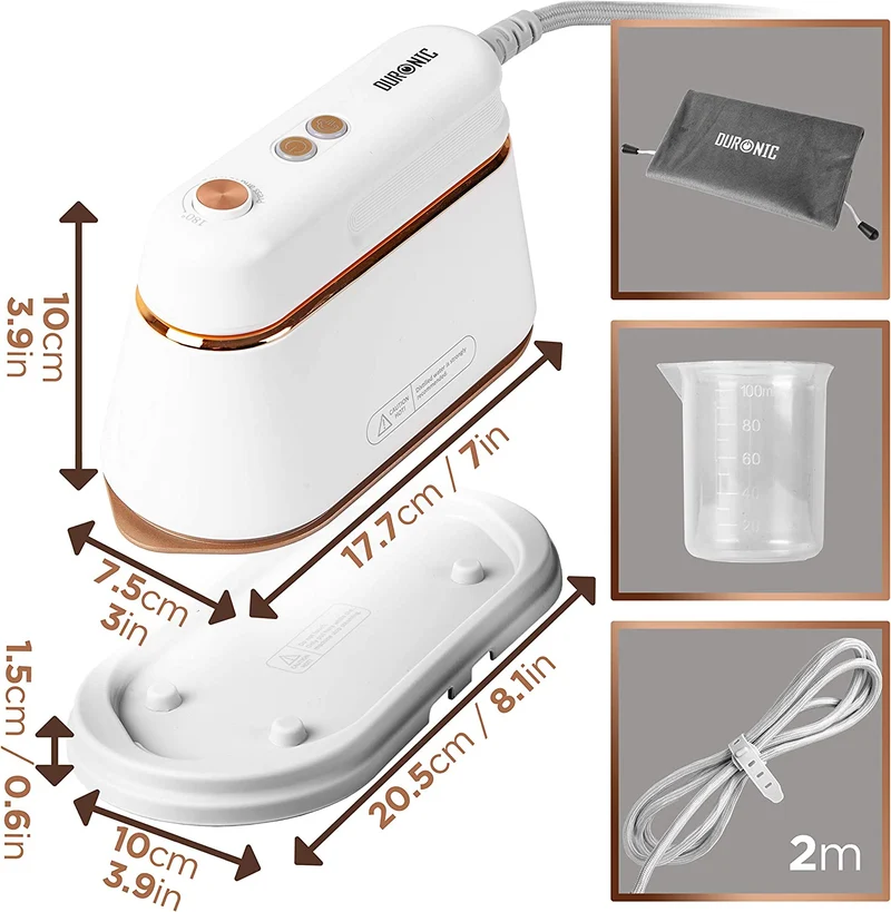 Duronic HS90 WE Fer à repasser de voyage Portable Utilisation horizontale et verticale 2 fonctions vapeur Poignée rétractable Compact et léger pour déplacements Sacoche base et cruche incluses