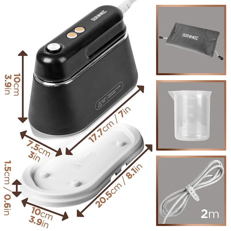Duronic HS90 BK Fer à repasser de voyage Portable Utilisation horizontale et verticale 2 fonctions vapeur Poignée rétractable Compact et léger pour déplacements Sacoche base et cruche incluses