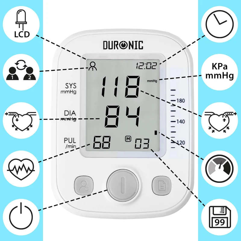 Duronic BPM200 Tensiomètre Electronique pour Bras Mesure Automatique de la Tension Artérielle Détecte les Irrégularités Cardiaques Large Ecran LCD pour lire les Mesures Jusqu'à 99 Sauvegardes
