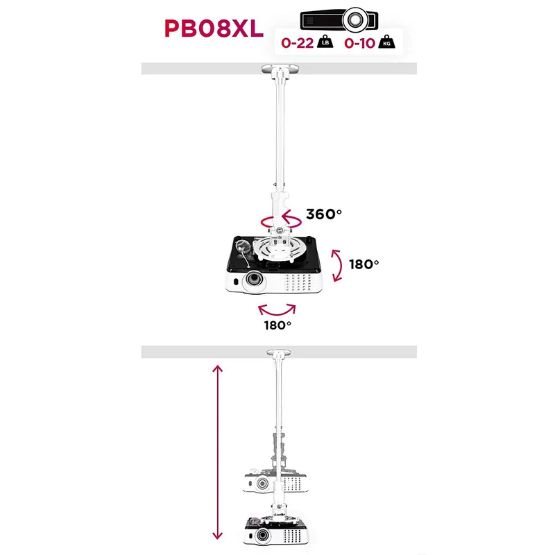 Duronic PB08XL Support pour Vidéoprojecteur Plafond Rotatif 360° Inclinable 180° Pivotable 180° Charge maximale 10 kg Bras Extensible Idéal pour Home Cinema présentations conférences