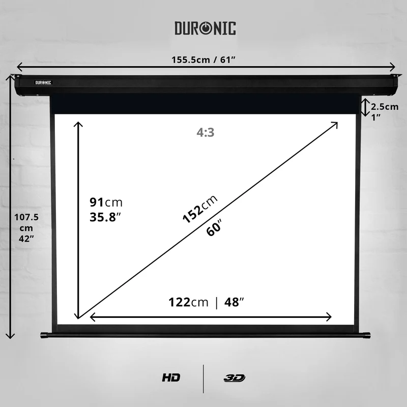 Duronic EPS60 /43 Ecran de Projection Electrique – 60 Pouces ou 122 x 91 cm – 4:3 – Ecran Repliable – Fixation Murale ou au Plafond – Pour Home Cinema, Salle de Conférence ou Salle de Classe