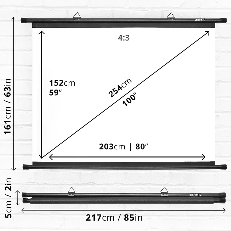 Duronic BPS100 /43 Ecran de Projection avec Barres et Crochets pour vidéoprojecteur Toile de 100 Pouces ou 254 cm ou 203 x 152 cm