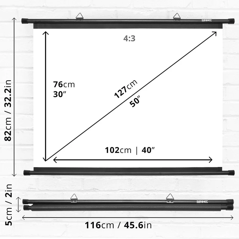 Duronic BPS50 /43 Ecran de Projection avec Barres et Crochets pour vidéoprojecteur - Toile de 50 Pouces ou 127 cm (100 x 76 cm)