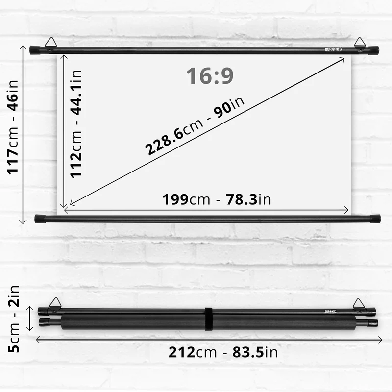 Duronic BPS90 16/9 Ecran de Projection TV et Home Cinema de 90 Pouces 229 cm 199 x 112 cm Fixation par Crochets Barres lestées Toile pour vidéoprojecteur Gain +1 idéal pour 3D 8K 4K 1080P