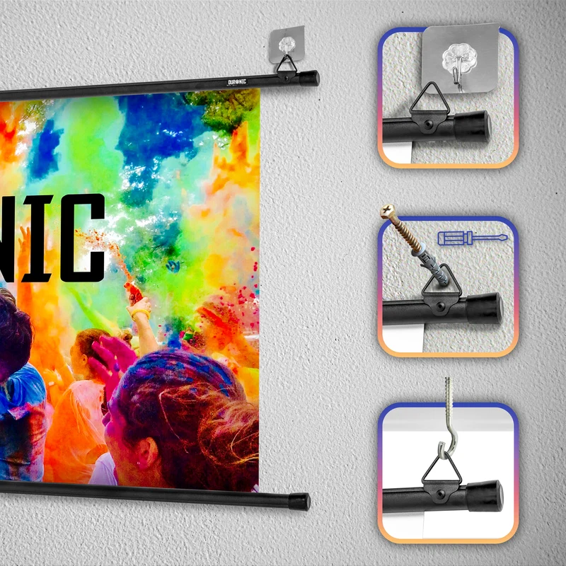 Duronic BPS80 16/9 Ecran de Projection TV et Home Cinema de 80 Pouces 203 cm 177 x 100 cm Fixation par Crochets Barres lestées Toile pour vidéoprojecteur Gain +1 idéal pour 3D 8K 4K 1080P