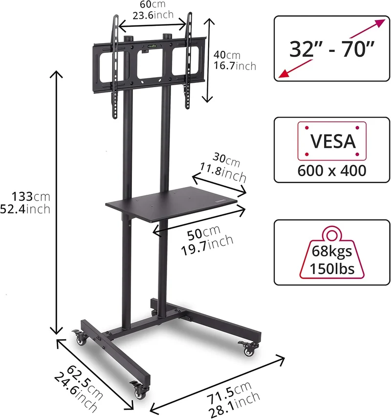 Duronic TVS5T1 Meuble TV pour écran 32 à 70 Pouces Support télévision LCD LED OLED QLED VESA 600x400 mm Charge max 68 kg Roulettes