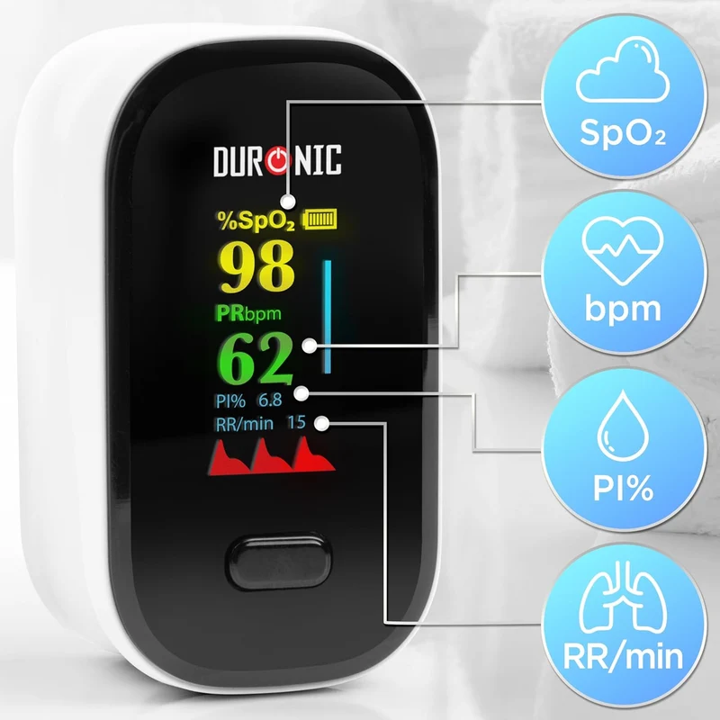 Duronic OX02 Oxymètre de pouls 1.5V Appareil de mesure de saturation en Oxygène du Sang SpO2 Rythme Cardiaque 2x piles AAA