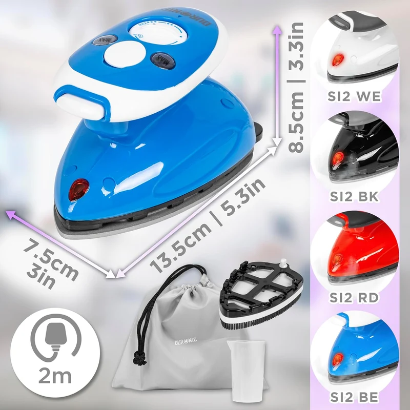 Duronic SI2 BE Fer à Repasser à Vapeur de Voyage 375W Léger et Compact 762g Semelle antiadhésive Réservoir de 50 ml avec Brosse et Pochette de Transport
