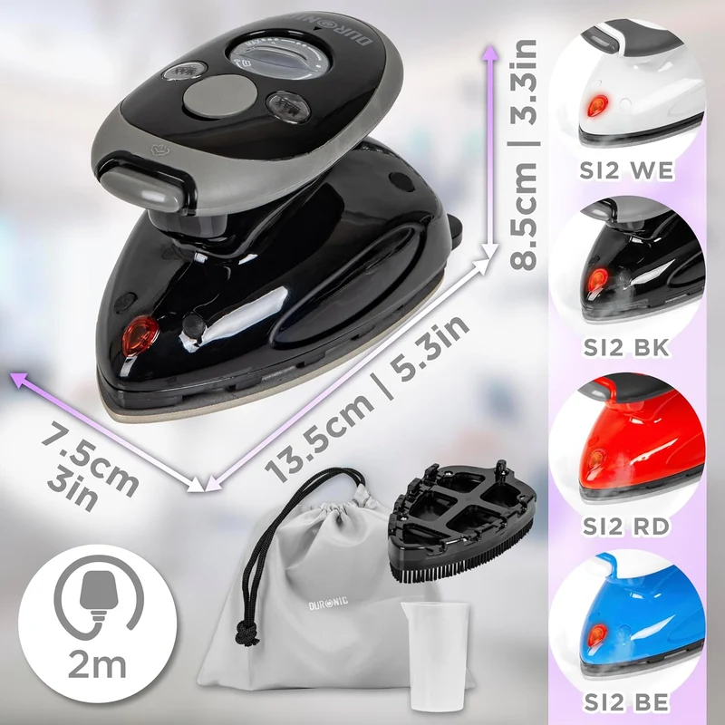 Duronic SI2 BK Fer à Repasser à Vapeur de Voyage 375W Léger et Compact 762g Semelle antiadhésive Réservoir de 50 ml avec Brosse et Pochette de Transport