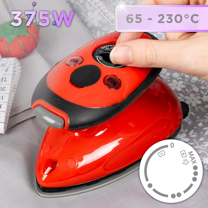 Duronic SI2 RD Fer à Repasser à Vapeur de Voyage 375W Léger et Compact 762g Semelle antiadhésive Réservoir de 50 ml avec Brosse et Pochette de Transport