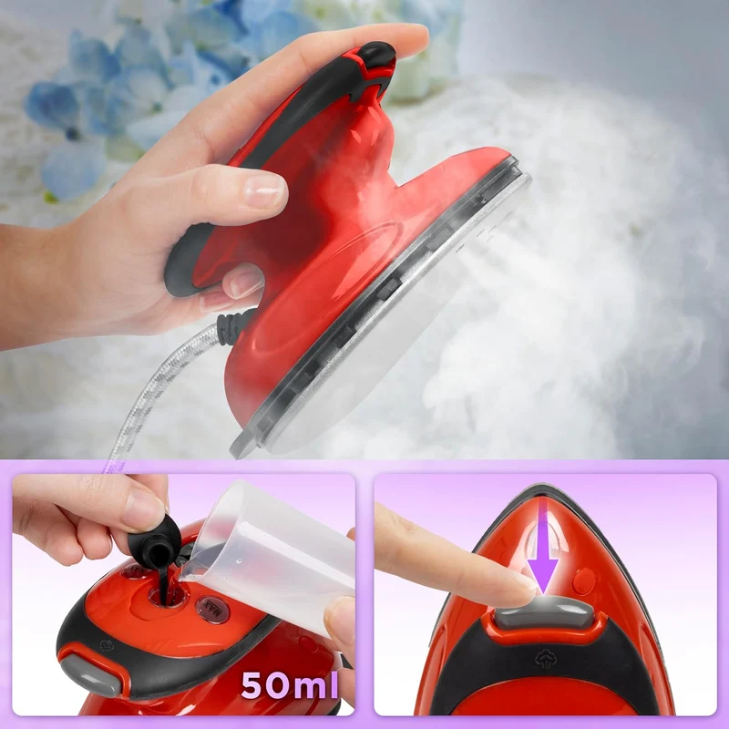 Duronic SI2 RD Fer à Repasser à Vapeur de Voyage 375W Léger et Compact 762g Semelle antiadhésive Réservoir de 50 ml avec Brosse et Pochette de Transport