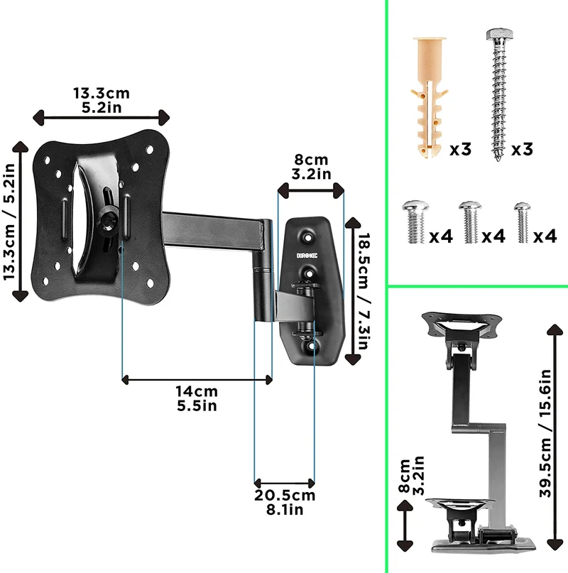 Duronic TVB0920 Support Mural inclinable pour écran de télévision de 13 à 30 Pouces ou 33 à 71 cm VESA 50 x 100 mm Charge maximale de 18 kg Bras extenseur