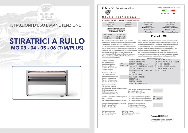 Stiratrice a Rullo Professionale MG03 M Mangano da Stiro Biancheria Piana Federe Lenzuola Copriletti Asciugamani Tende Tovaglie Tovaglioli Rullo 120x18 cm Elettronica Efficienza A++ Garanzia 5 Anni